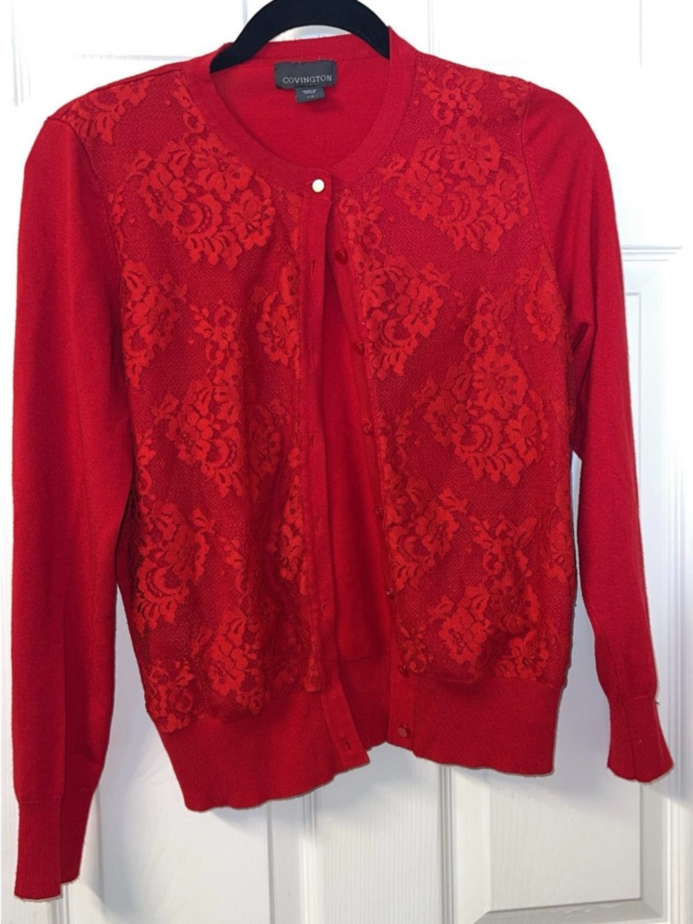 Covington Bright Red Lace Front Cardigan